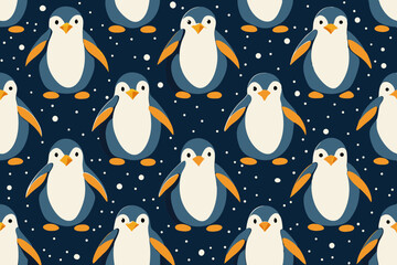 Seamless Pattern of Cute Penguins on a Dark Blue Background with Snow