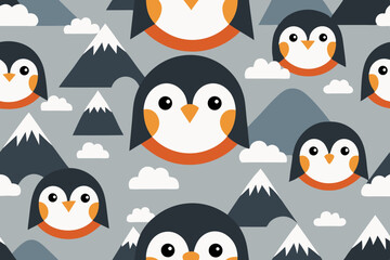 Cute Penguin Seamless Pattern with Mountains and Clouds
