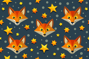 Cute Fox Faces and Stars Night Seamless Pattern