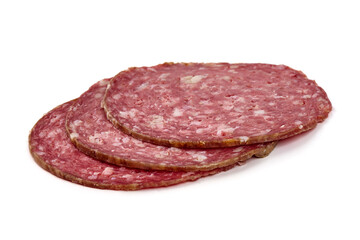 Italian Salami sausage slices, isolated on white background. High resolution image.