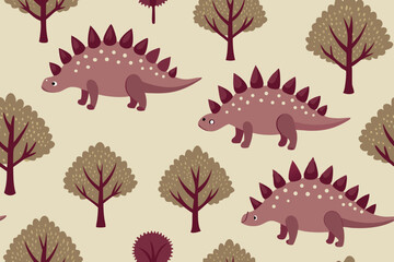 Cute Stegosaurus Dinosaurs Seamless Pattern with Trees
