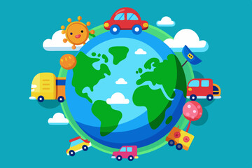 Happy Cartoon Vehicles Traveling Around the World Globe