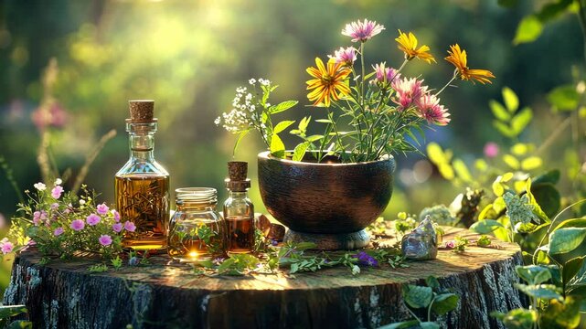 Medicinal herbs and extracts in the meadow. Selective focus. Nature.