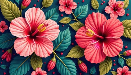 Fototapeta premium Bold hibiscus blooms, stylized leaves, repeating motif , pattern design, art
