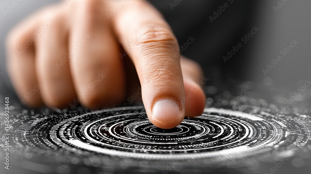 Poster technology abstract background with person hand touching complex circular diagram on virtual screen 