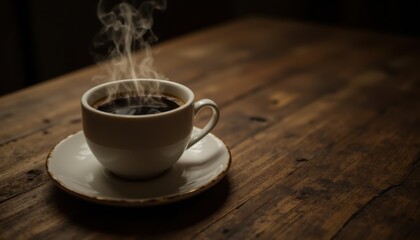 Obraz premium Aromatic steam rises from a freshly brewed cup of black coffee sitting on a rustic wooden table, creating a warm and inviting atmosphere in the dim light.