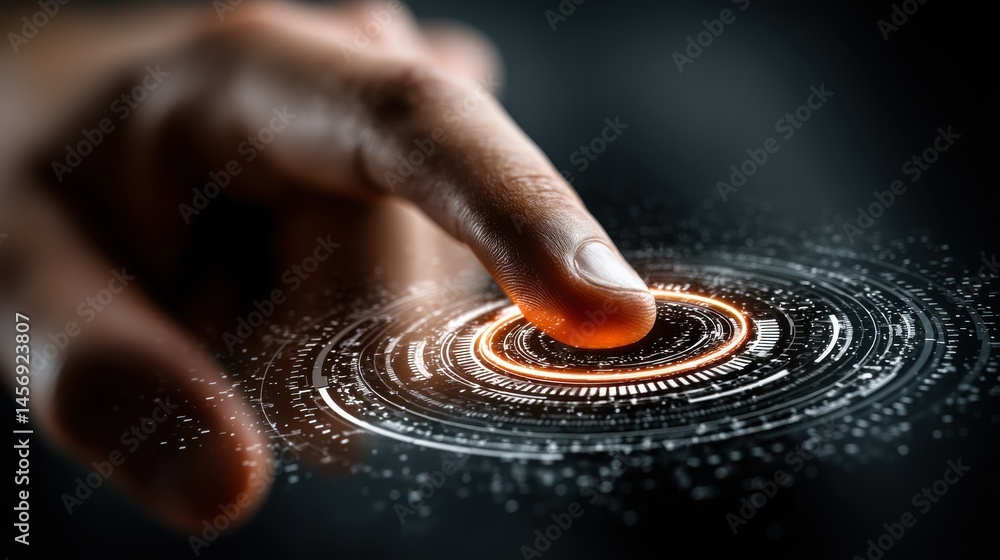 Poster technology abstract background with person hand touching complex circular diagram on virtual screen 