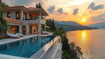 Luxurious villa with pool overlooking the sea during a vibrant sunset ambiance
