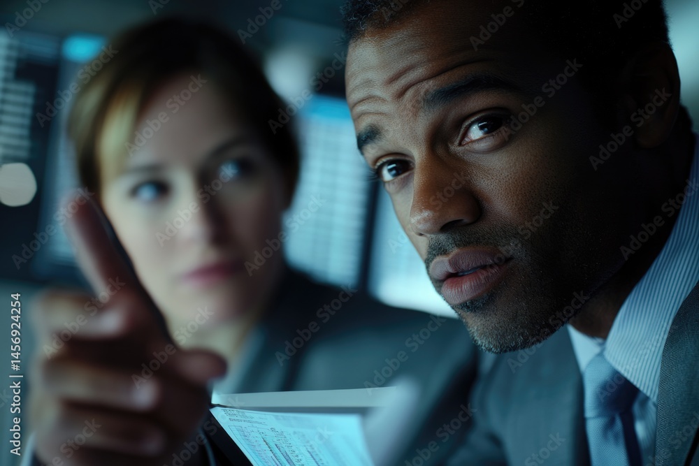 Poster two professionals analyzing data on a screen, with the man looking intently at the viewer.
