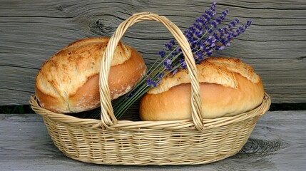 Fresh bread in a basket with lavender flowers. International Picnic Day