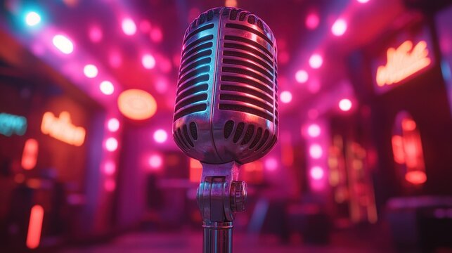 Retro microphone in vibrant nightclub setting