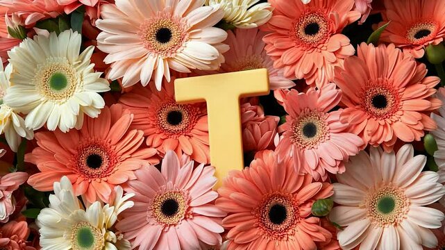 Letter T amidst vibrant peach, pink, and white gerbera daisy flowers