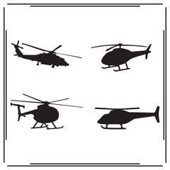 Helicopter Silhouette Vector Set – Military and Civilian Aircraft in Black Icons – Aviation, Transportation, Emergency Rescue, Army Helicopter, Flight, and Air Travel Design.