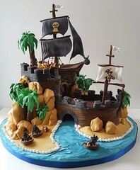 An Elaborate Pirate Themed Cake Resembling a Tropical Island Scene