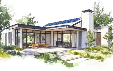 Modern, sustainable home design with an open-plan layout, featuring large windows, a covered patio, and solar panels on the roof.  Landscaped yard surrounds the property