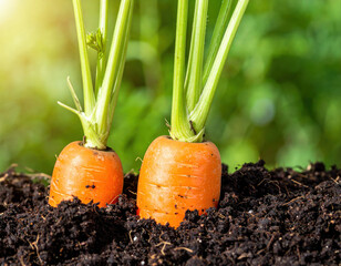 Obraz premium Harvesting fresh carrots from the garden nature photography lush green environment close-up view