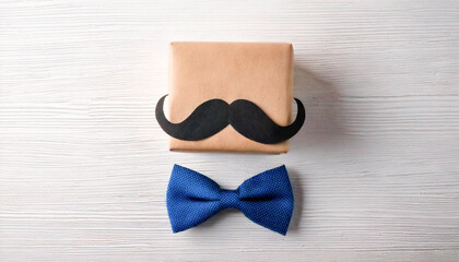 Gift Box with Black Mustache and Blue Bow Tie for Father’s Day Greeting Concept