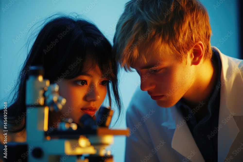 Aufkleber two young scientists collaborate, focusing intently on a microscope in a lab, illuminated by warm, f