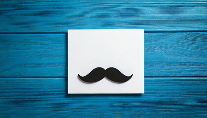 Black Mustache on White Card Placed on Blue Wooden Table for Father’s Day Greeting