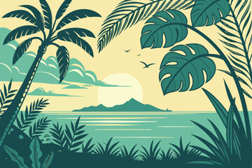 10 Tropical sunset scene, stylized vector illustration, vibrant teal and green colors, palm fronds and monstera leaves, calm ocean, setting sun reflection, layered clouds, minimalist design, flat grap