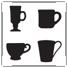 Cup and Mug Silhouette Vector Set – Coffee, Tea, and Drinkware Shapes in Black – Kitchen Utensils, Café Clipart, Beverage Icons for Menu Design, Branding.
