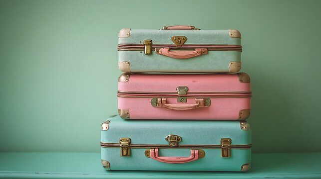 Vintage suitcases stacked travel luggage pastel colors retro baggage antique style travel accessories trip