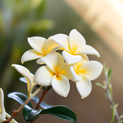 Fototapeta premium close-up of delicate yellow-white plumeria flowers, framed against a blurred natural background