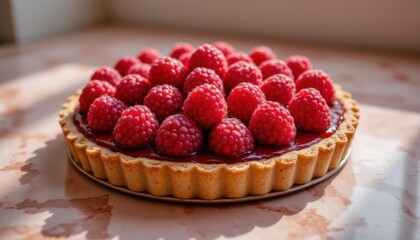 Delicious raspberry tart with a glossy glaze, filled with fresh raspberries and golden crust sitting on a marble surface in soft natural light creating shadows.
