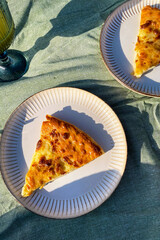 A piece of khachapuri or cheese pizza on a plate on a green blanket. Summer picnic with delicious food