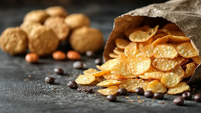 Crispy corn flakes spilling from paper bag, beside nuts and chocolate