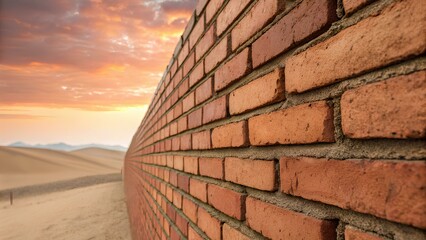 Endless Red Brick Wall Stretching into the Desert, Dramatic Sunset Sky in the Background, Architectural Landscape with Natural Elements