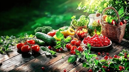 Vibrant display of fresh fruits and vegetables on a rustic wooden surface.
