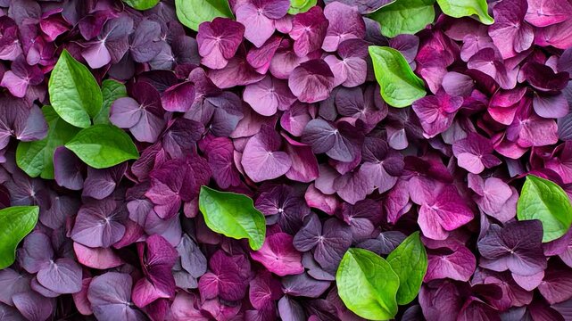 Lush purple petals and scattered green leaves create a vibrant floral pattern