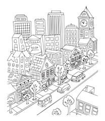 Fototapeta premium City building beautiful scenery coloring page for kids, black line art vector illustration on white background 