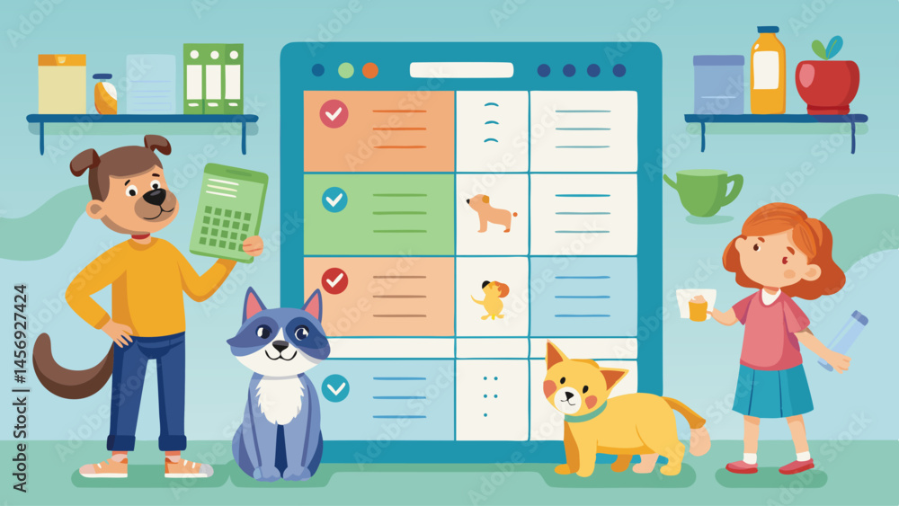 Poster a man and a girl are standing in front of a computer screen with a cat and a dog on it