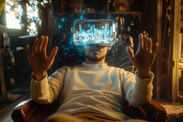 A man immersed in virtual reality, experiencing a holographic cityscape projected through a VR headset while sitting in his room.