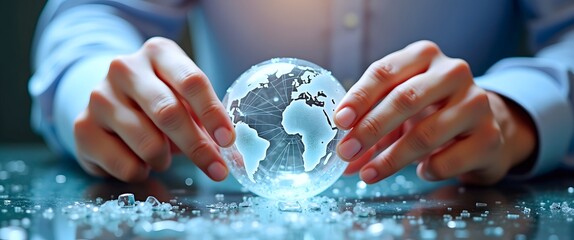 Economic risk concept: Shattered glass under stormy sky symbolizes shifting market and financial disruption. Glass Sphere Representing Economic Recovery Concept in Business Setting