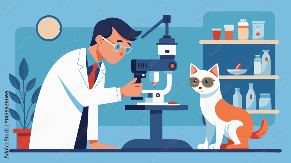 Poster a man is looking at a cat through a microscope. the cat is wearing sunglasses. the scene is set in a