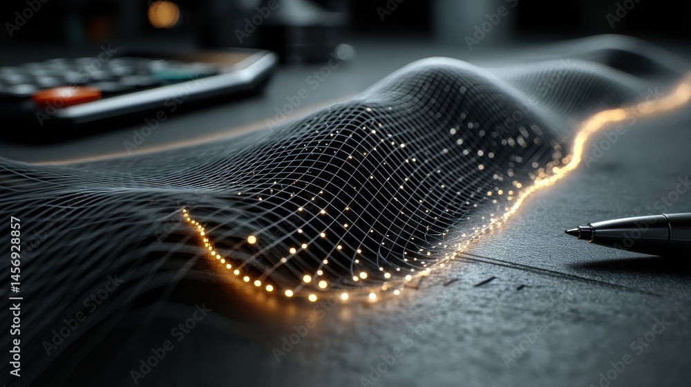 Poster technology style whit net glowing wave,glowing line glow wave,glow line , close up of electricity bi