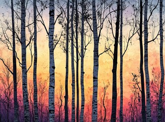 Silhouette of birch trees against the sky at sunset. Abstract background. Stock photo, copy space, high resolution, ultra-detailed. 