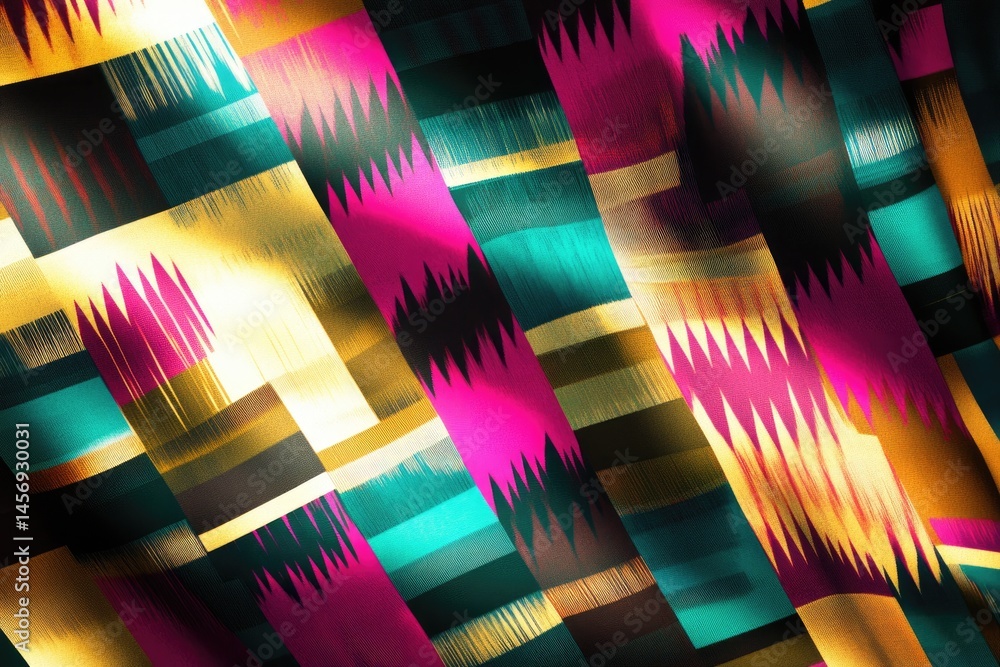 Poster abstract geometric pattern with diagonal stripes of pink, teal, and gold, creating a vibrant, modern