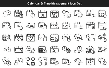 Black line icons depict calendar and time management symbols on white background
