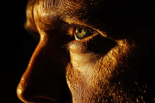 Dramatic close-up of a man's face in golden light, highlighting his eye and skin texture in a low-key setting.