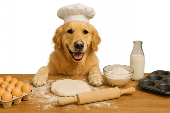 Golden Retriever Chef Baking Delicious Treats Flour, Dough, Eggs, Milk
