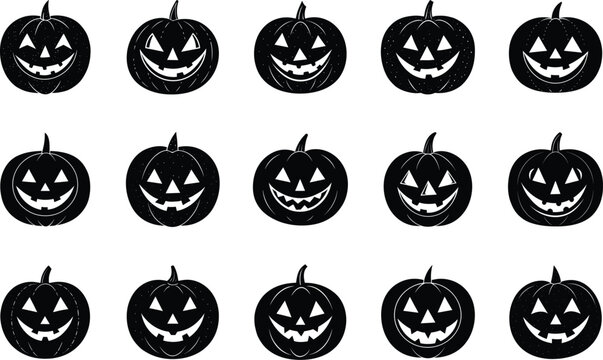 set of jack o lantern happy face vector silhouette