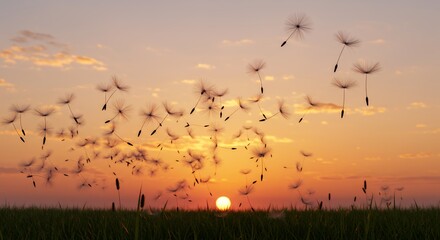Dandelion Seed Flying at Sunset