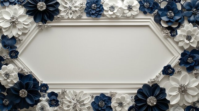 Elegant floral frame in navy blue, white, and silver with intricate paper flowers, perfect for invitations or decor.
