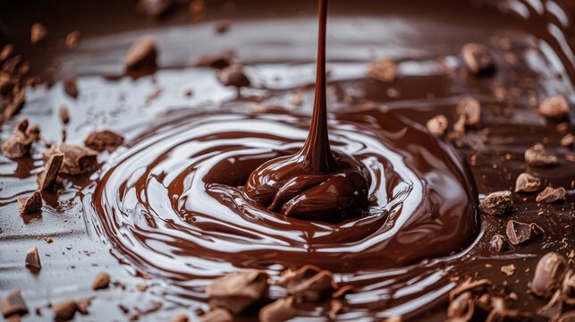Melted chocolate being poured creating swirls and texture in rich dessert concept