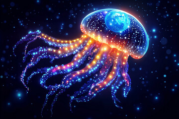 Fototapeta premium Glowing Jellyfish with Planet Earth. A surreal illustration of a glowing jellyfish containing Planet Earth, blending marine life and space in a vibrant, fantasy-style digital artwork.