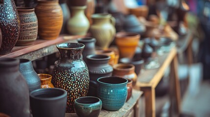 Fototapeta premium Shelf full of rustic ceramic pots and jars in traditional pottery shop with handcrafted textures